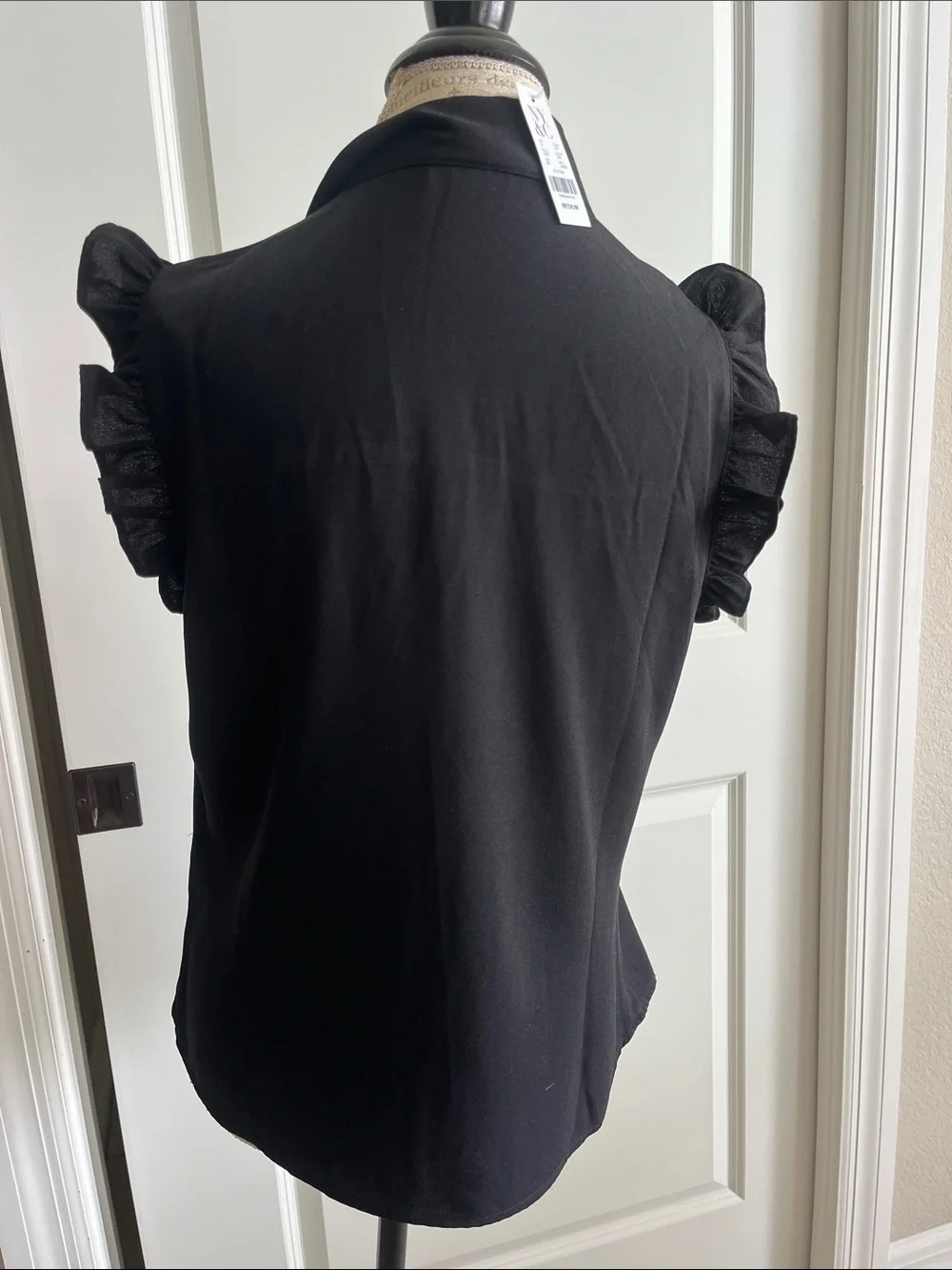 NWT New York & Co black tank polkadot, mesh, ruffles and scarf size medium